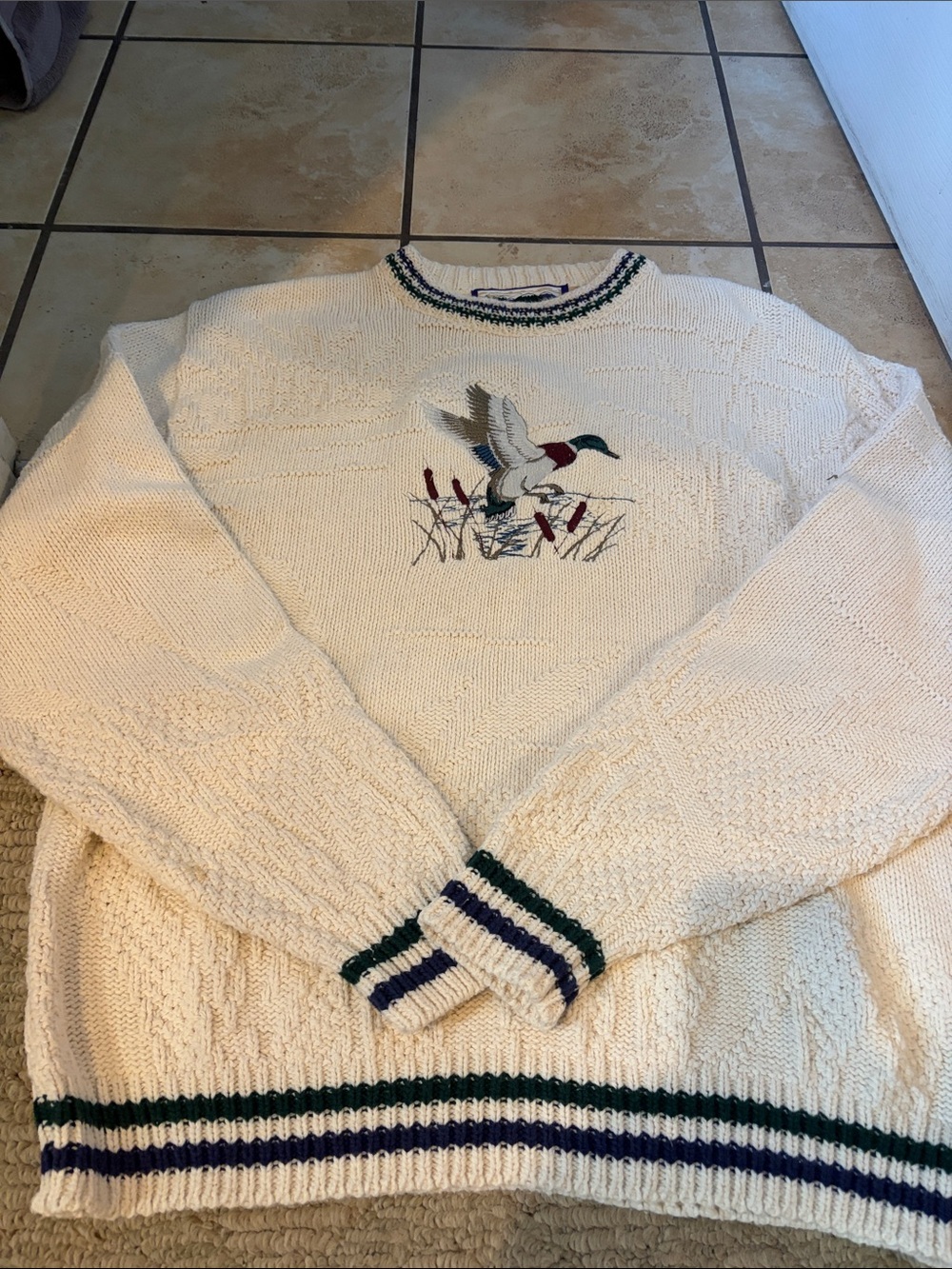 Shenandoah Cream Men’s Duck Embroidered Cable Knit Sweater